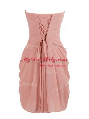 Simple Pink Column/Sheath Sweetheart Sleeveless Chiffon Mini Length Lace Up Ruching Evening Dress