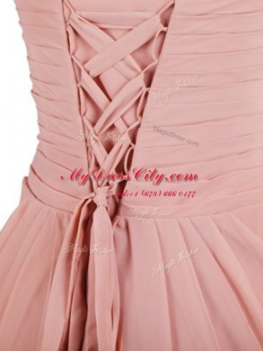 Simple Pink Column/Sheath Sweetheart Sleeveless Chiffon Mini Length Lace Up Ruching Evening Dress