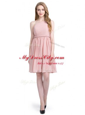 Fashion One Shoulder Pink Sleeveless Ruching Knee Length Prom Gown
