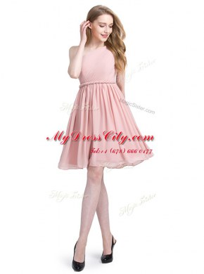 Fashion One Shoulder Pink Sleeveless Ruching Knee Length Prom Gown