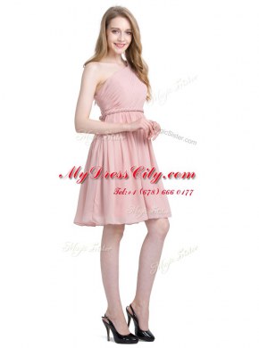 Fashion One Shoulder Pink Sleeveless Ruching Knee Length Prom Gown
