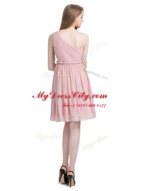 Fashion One Shoulder Pink Sleeveless Ruching Knee Length Prom Gown
