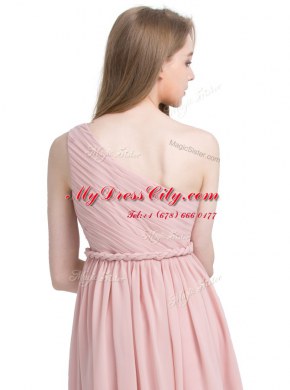 Fashion One Shoulder Pink Sleeveless Ruching Knee Length Prom Gown