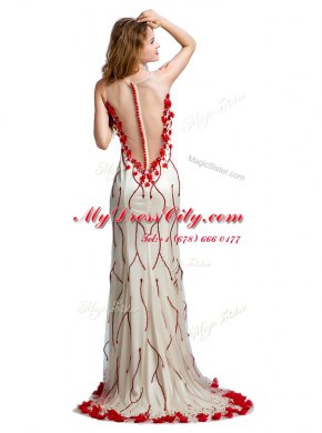 Scoop Tulle Sleeveless With Train Prom Party Dress Sweep Train and Hand Made Flower