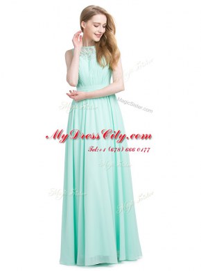 Noble Bateau Sleeveless Prom Dresses Floor Length Appliques Turquoise Chiffon