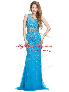 Modern One Shoulder Baby Blue Sleeveless With Train Beading Zipper Prom Dress