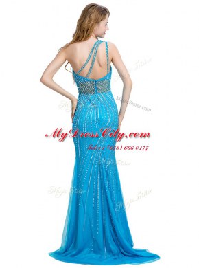 Modern One Shoulder Baby Blue Sleeveless With Train Beading Zipper Prom Dress