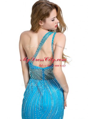 Modern One Shoulder Baby Blue Sleeveless With Train Beading Zipper Prom Dress