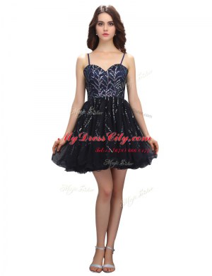 Super Black A-line Spaghetti Straps Sleeveless Organza Mini Length Lace Up Sequins