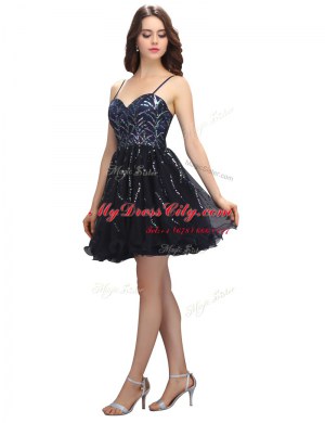 Super Black A-line Spaghetti Straps Sleeveless Organza Mini Length Lace Up Sequins