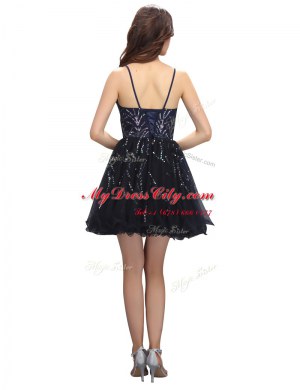 Super Black A-line Spaghetti Straps Sleeveless Organza Mini Length Lace Up Sequins