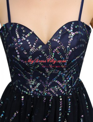 Super Black A-line Spaghetti Straps Sleeveless Organza Mini Length Lace Up Sequins