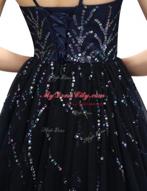 Super Black A-line Spaghetti Straps Sleeveless Organza Mini Length Lace Up Sequins