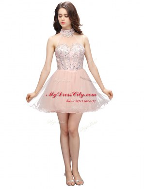 Baby Pink High-neck Neckline Beading Prom Dress Sleeveless Zipper