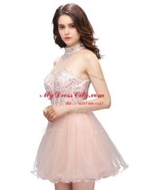 Baby Pink High-neck Neckline Beading Prom Dress Sleeveless Zipper