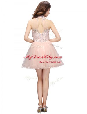 Baby Pink High-neck Neckline Beading Prom Dress Sleeveless Zipper