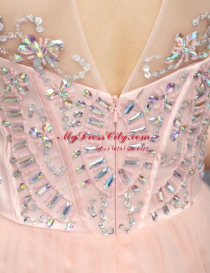 Baby Pink High-neck Neckline Beading Prom Dress Sleeveless Zipper