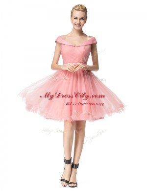 Free and Easy Off the Shoulder Pink Cap Sleeves Belt Knee Length Dress for Prom