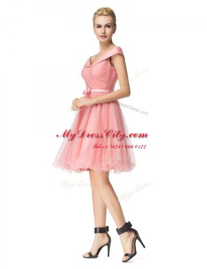 Free and Easy Off the Shoulder Pink Cap Sleeves Belt Knee Length Dress for Prom