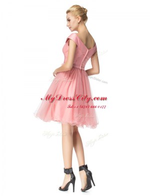 Free and Easy Off the Shoulder Pink Cap Sleeves Belt Knee Length Dress for Prom