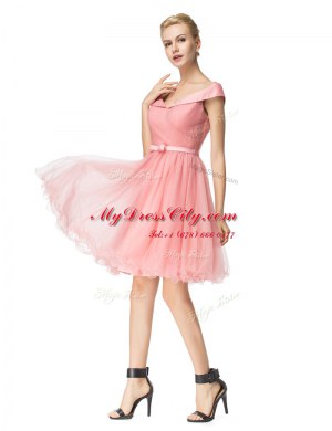 Free and Easy Off the Shoulder Pink Cap Sleeves Belt Knee Length Dress for Prom