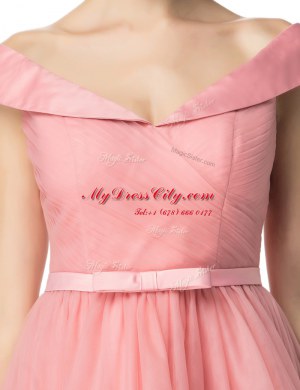 Free and Easy Off the Shoulder Pink Cap Sleeves Belt Knee Length Dress for Prom