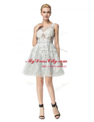 Beautiful Scoop Knee Length Silver Evening Dress Lace Sleeveless Lace