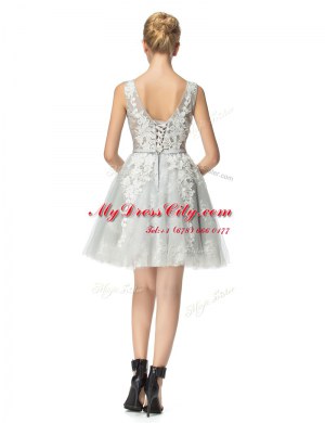 Beautiful Scoop Knee Length Silver Evening Dress Lace Sleeveless Lace