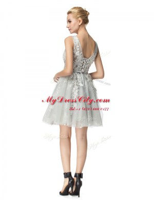 Beautiful Scoop Knee Length Silver Evening Dress Lace Sleeveless Lace