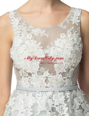 Beautiful Scoop Knee Length Silver Evening Dress Lace Sleeveless Lace