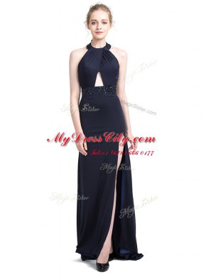 Fancy Halter Top With Train Backless Prom Evening Gown Black for Prom and Party with Beading Brush Train