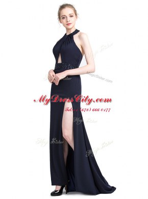Fancy Halter Top With Train Backless Prom Evening Gown Black for Prom and Party with Beading Brush Train