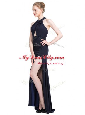 Fancy Halter Top With Train Backless Prom Evening Gown Black for Prom and Party with Beading Brush Train
