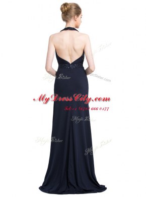 Fancy Halter Top With Train Backless Prom Evening Gown Black for Prom and Party with Beading Brush Train