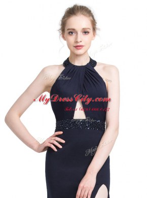Fancy Halter Top With Train Backless Prom Evening Gown Black for Prom and Party with Beading Brush Train