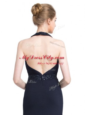 Fancy Halter Top With Train Backless Prom Evening Gown Black for Prom and Party with Beading Brush Train