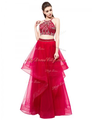 Unique Beading Dress for Prom Red Zipper Sleeveless Floor Length