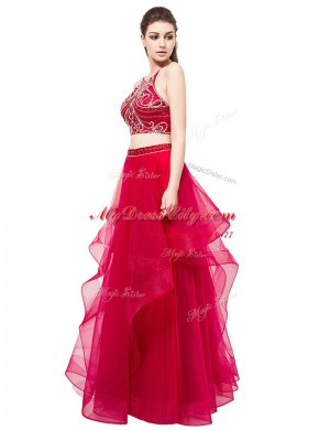 Unique Beading Dress for Prom Red Zipper Sleeveless Floor Length