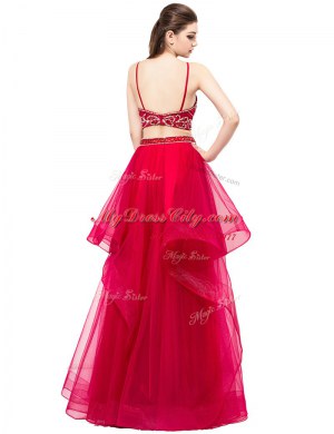 Unique Beading Dress for Prom Red Zipper Sleeveless Floor Length