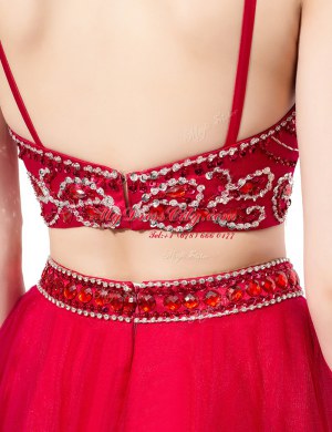 Unique Beading Dress for Prom Red Zipper Sleeveless Floor Length