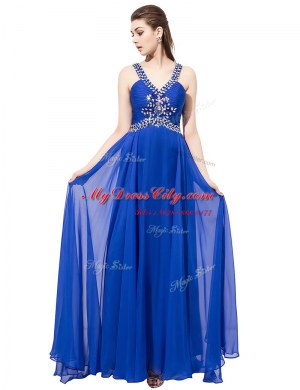 Sleeveless Chiffon With Train Sweep Train Criss Cross Prom Party Dress in Royal Blue with Beading