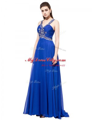 Sleeveless Chiffon With Train Sweep Train Criss Cross Prom Party Dress in Royal Blue with Beading