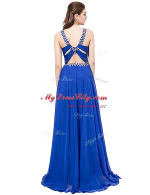 Sleeveless Chiffon With Train Sweep Train Criss Cross Prom Party Dress in Royal Blue with Beading
