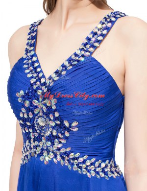 Sleeveless Chiffon With Train Sweep Train Criss Cross Prom Party Dress in Royal Blue with Beading