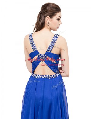 Sleeveless Chiffon With Train Sweep Train Criss Cross Prom Party Dress in Royal Blue with Beading