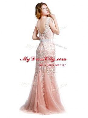 Scoop With Train Zipper Dress for Prom Pink for Prom and Party with Lace and Appliques Brush Train
