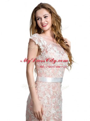 Scoop With Train Zipper Dress for Prom Pink for Prom and Party with Lace and Appliques Brush Train