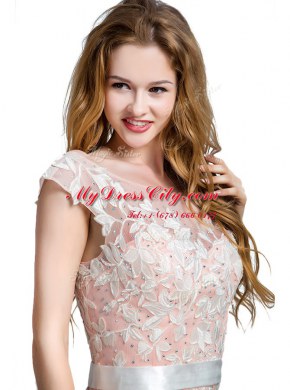 Scoop With Train Zipper Dress for Prom Pink for Prom and Party with Lace and Appliques Brush Train