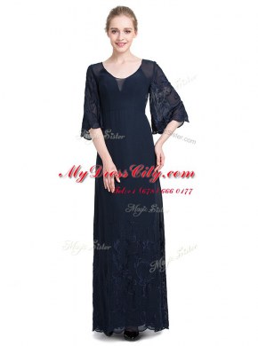 Shining Navy Blue V-neck Zipper Appliques Prom Gown Half Sleeves