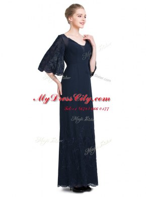 Shining Navy Blue V-neck Zipper Appliques Prom Gown Half Sleeves